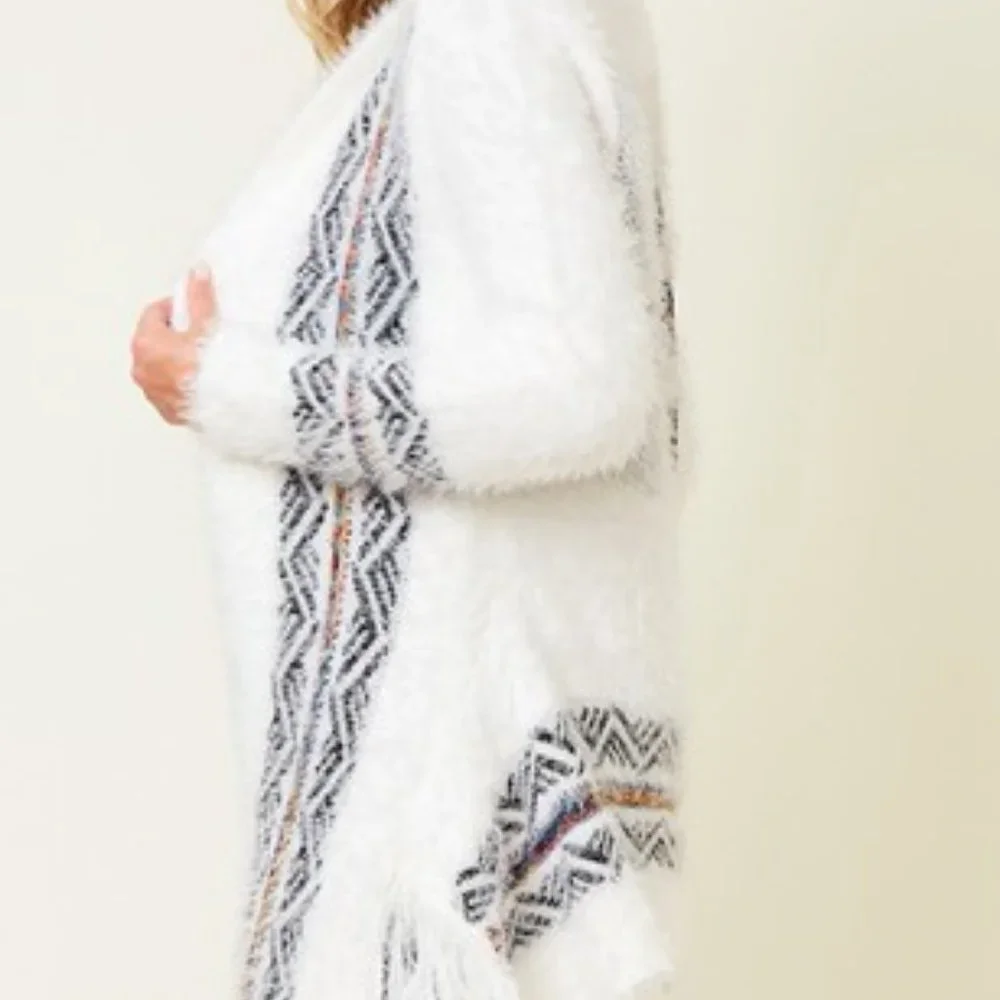 NEW ON BLUE AZTEC SOUTHWESTERN sweater drape cardigan fringe white soft Sm-3XL - Picture 9 of 9